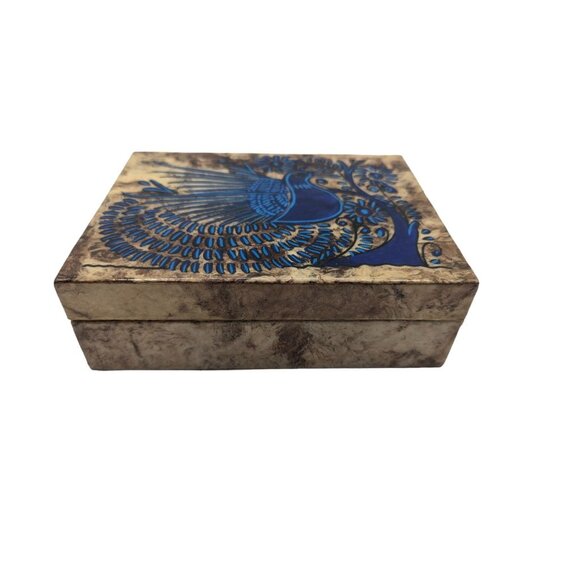 VTG Handmade Amati Painted Bark Box With Blue Peacock Design & Hinged Lid - Picture 10 of 12